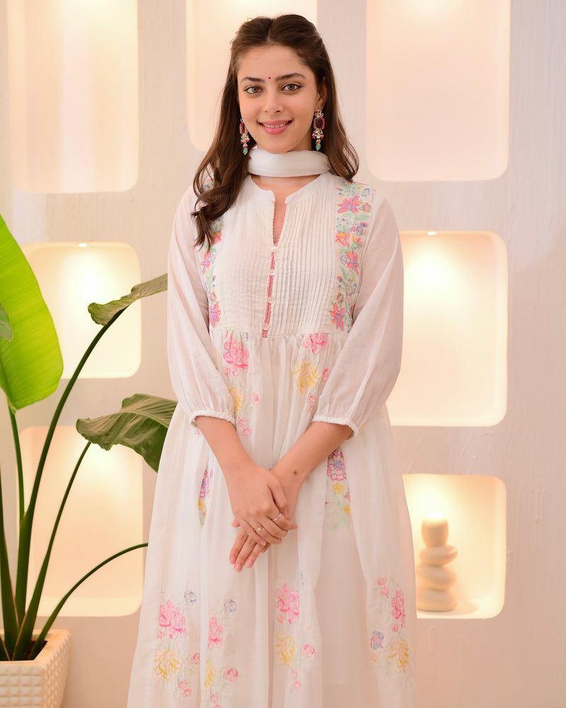 Ivory Mist Mul Cotton Threadwork Anarkali Suit