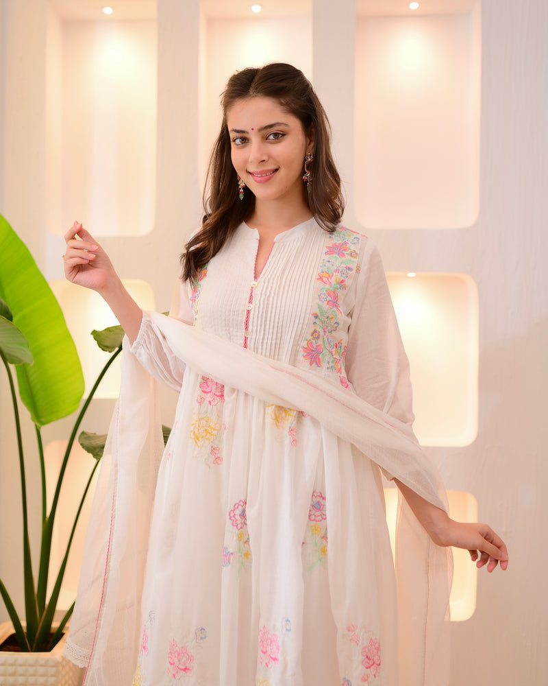 Ivory Mist Mul Cotton Threadwork Anarkali Suit