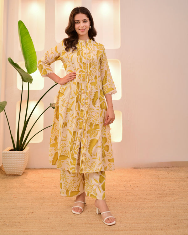 Marigold Muse Pintex Floral A Line Cotton Kurta Set