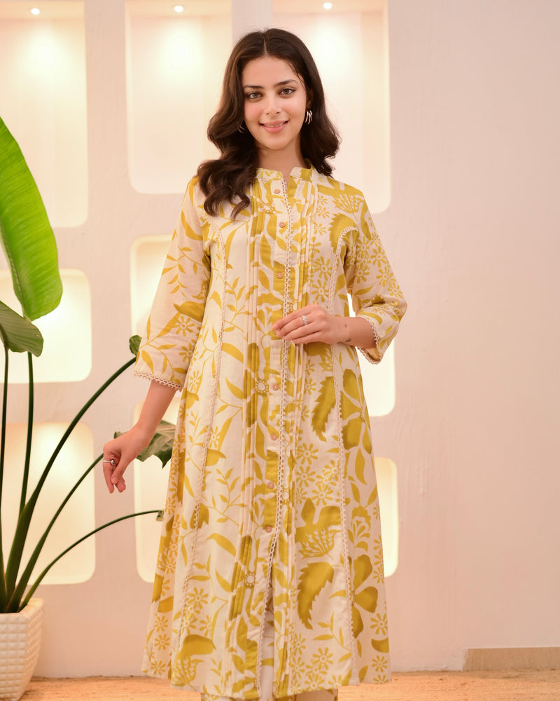 Marigold Muse Pintex Floral A Line Cotton Kurta Set