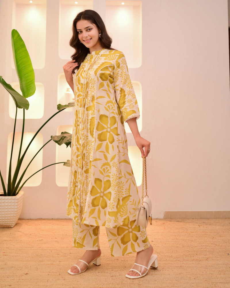 Marigold Muse Pintex Floral A Line Cotton Kurta Set