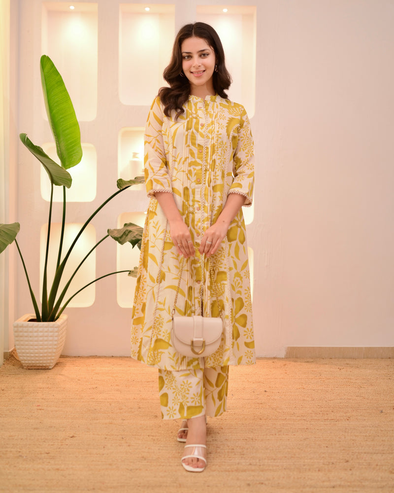 Marigold Muse Pintex Floral A Line Cotton Kurta Set