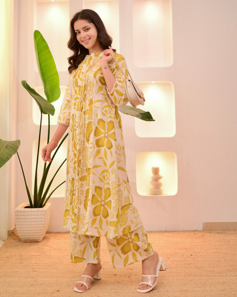 Marigold Muse Pintex Floral A Line Cotton Kurta Set