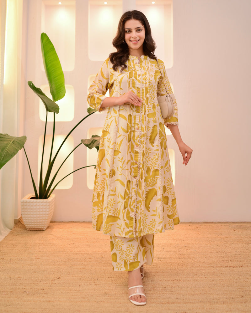 Marigold Muse Pintex Floral A Line Cotton Kurta Set