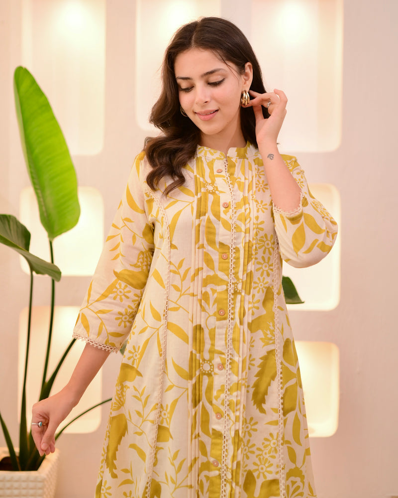 Marigold Muse Pintex Floral A Line Cotton Kurta Set