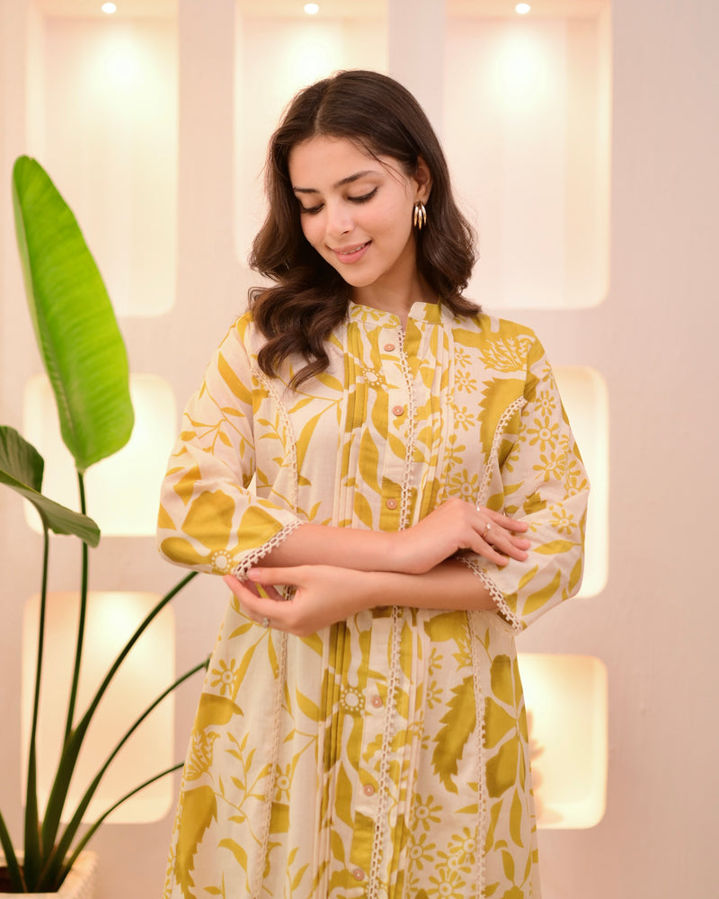 Marigold Muse Pintex Floral A Line Cotton Kurta Set
