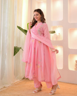Rose Blush Mul Cotton Threadwork Anarkali Suit