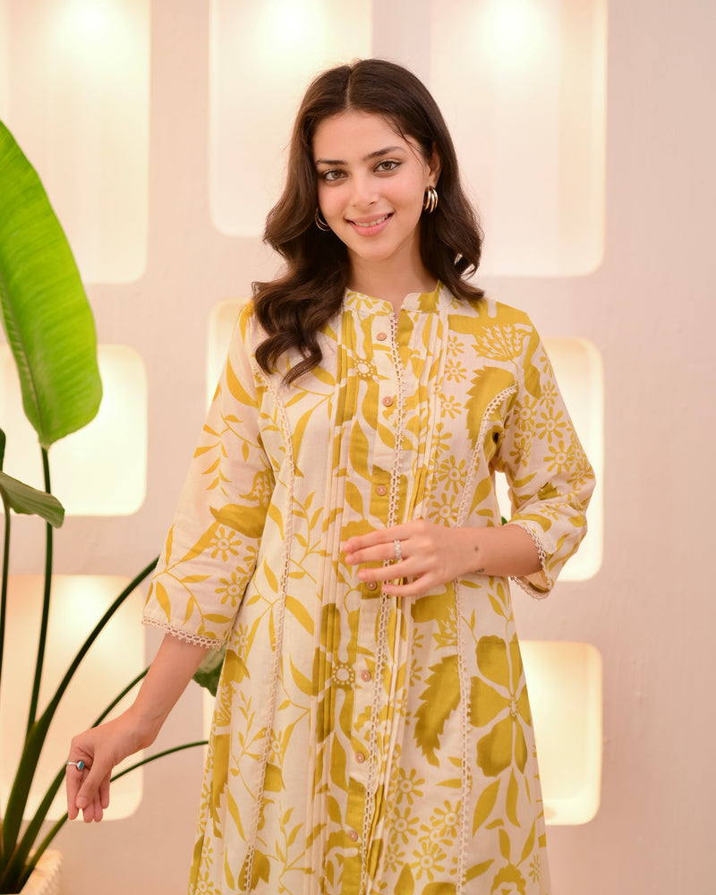 Marigold Muse Pintex Floral A Line Cotton Kurta Set