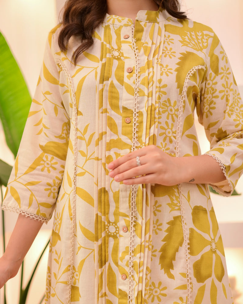 Marigold Muse Pintex Floral A Line Cotton Kurta Set