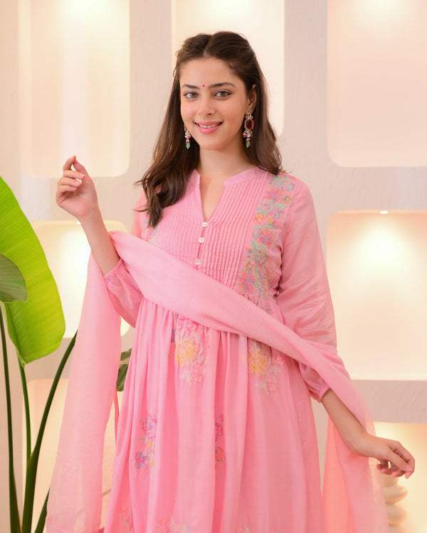 Rose Blush Mul Cotton Threadwork Anarkali Suit
