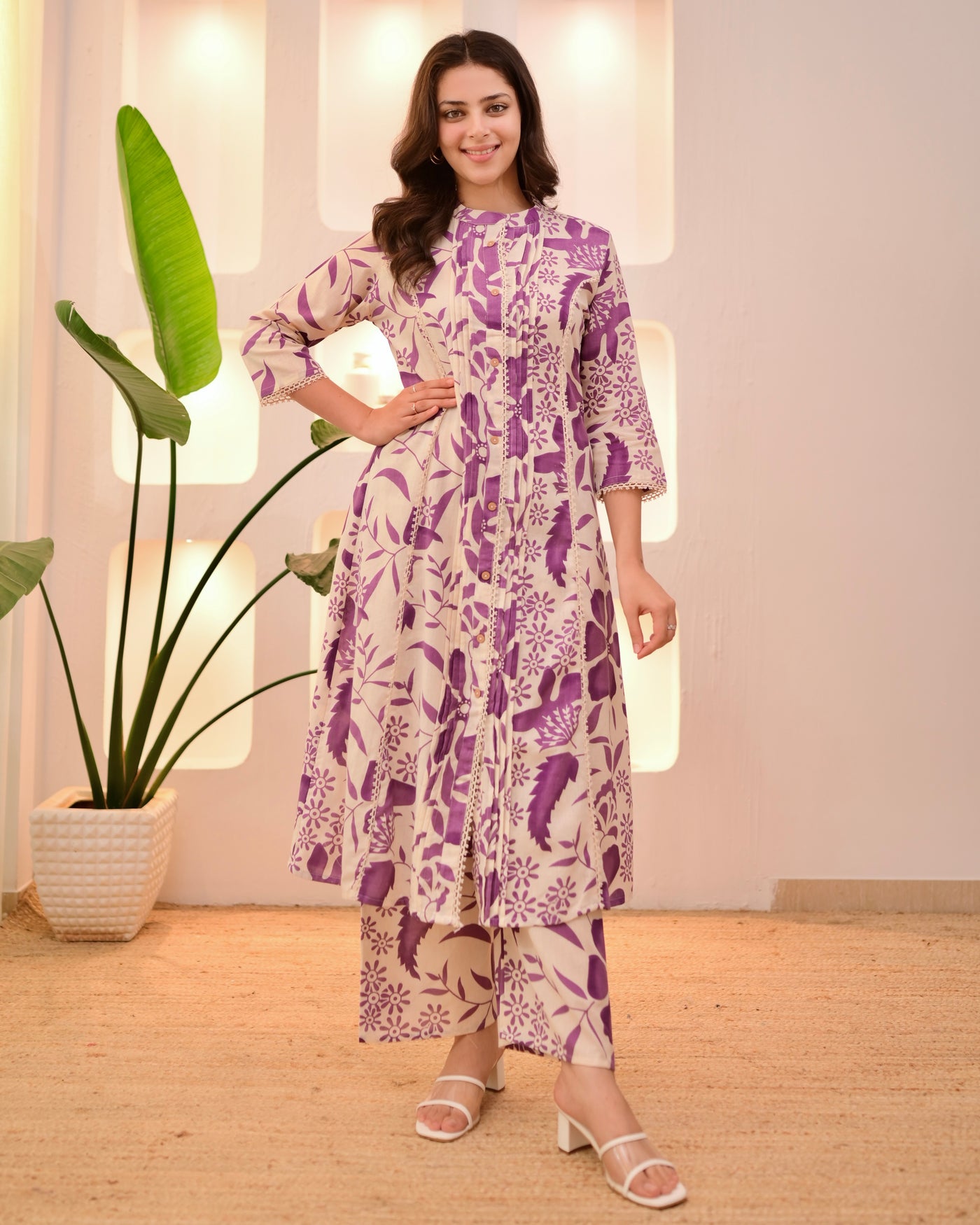 Purple Flora Pintex A Line Cotton Kurta Set