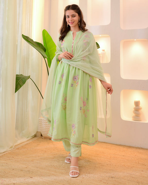 Mint Mist Mul Cotton Threadwork Anarkali Suit