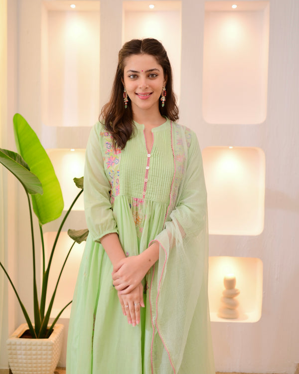 Mint Mist Mul Cotton Threadwork Anarkali Suit