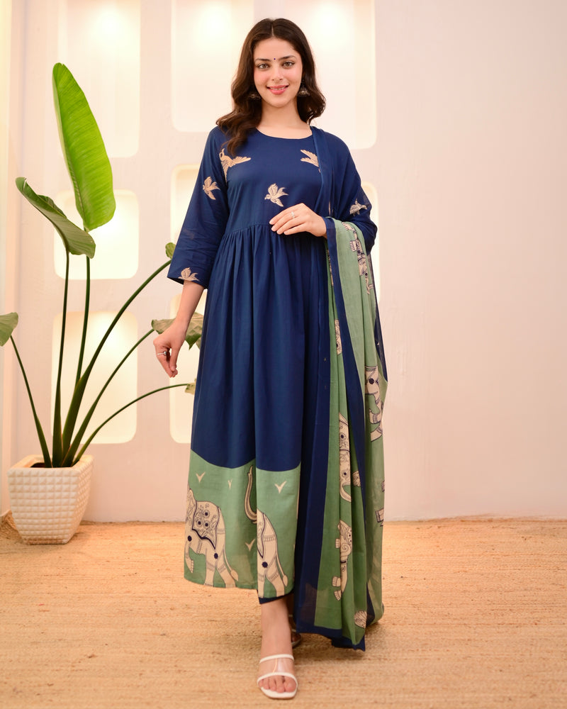 Navy Pakshi Raag A Line Cotton Suit