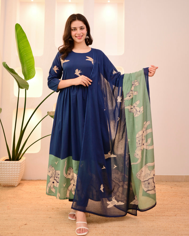 Navy Pakshi Raag A Line Cotton Suit
