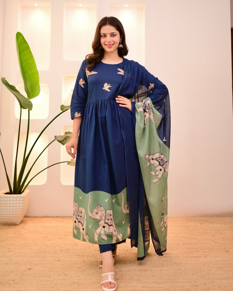 Navy Pakshi Raag A Line Cotton Suit