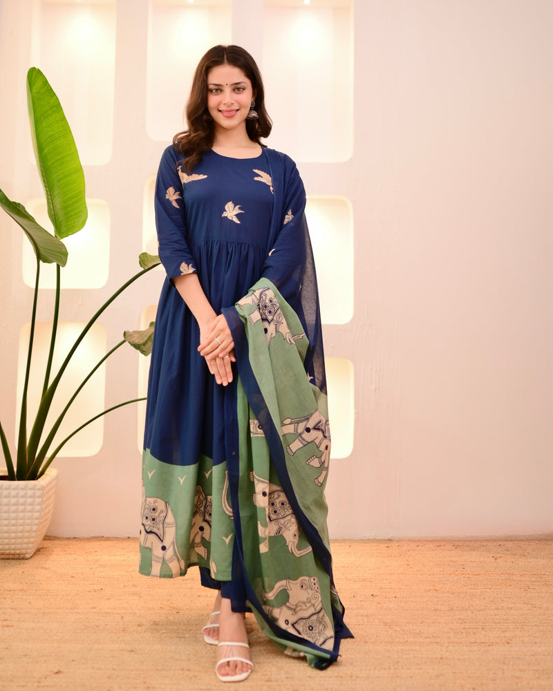 Navy Pakshi Raag A Line Cotton Suit