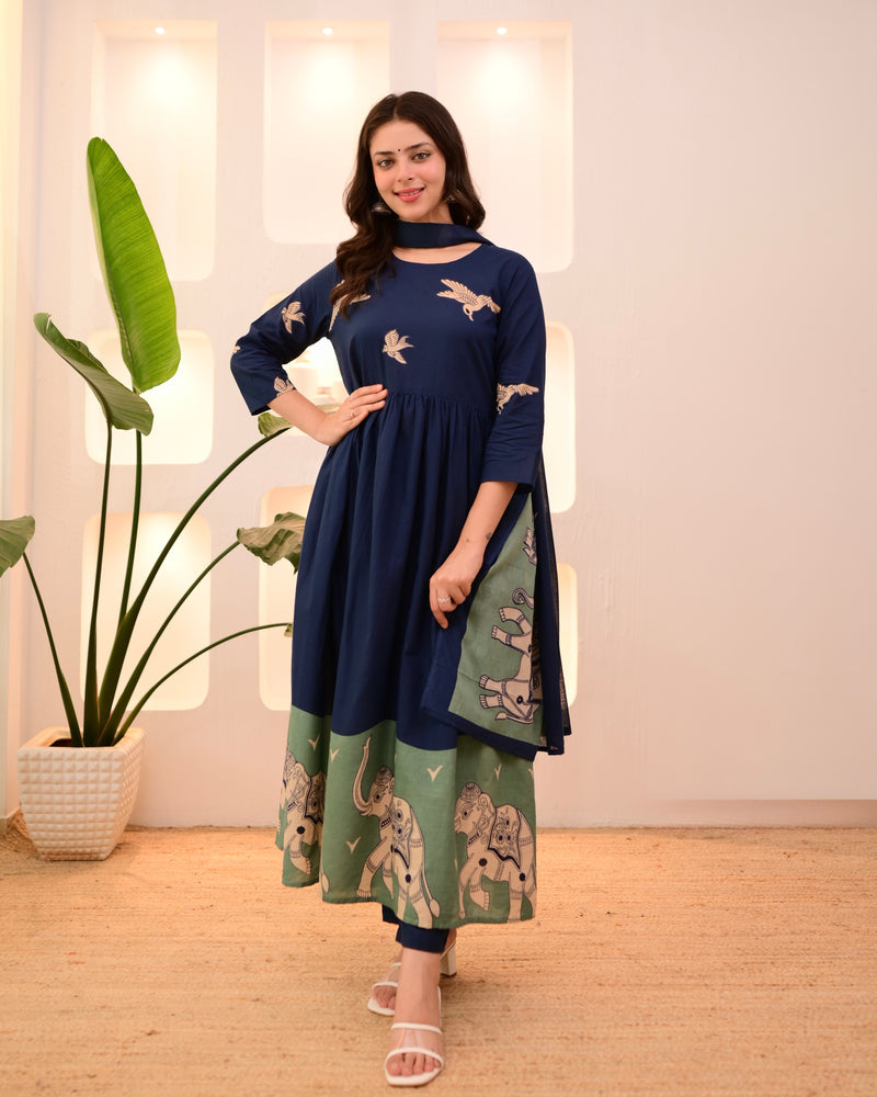 Navy Pakshi Raag A Line Cotton Suit