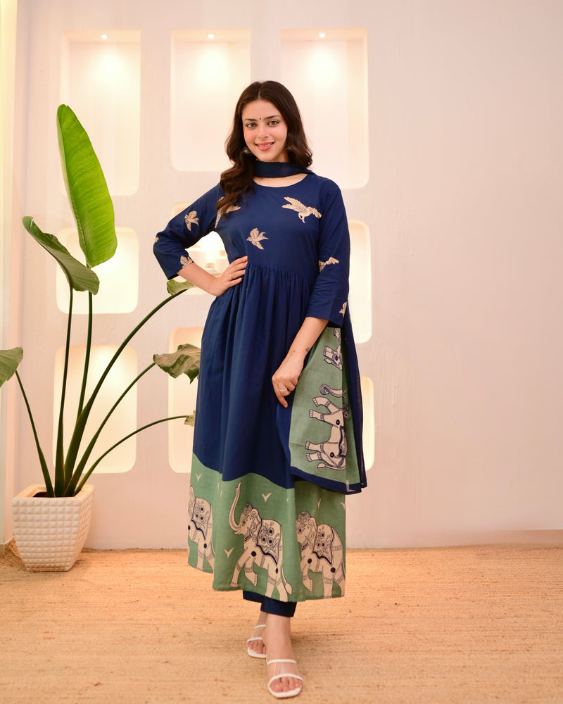 Navy Pakshi Raag A Line Cotton Suit