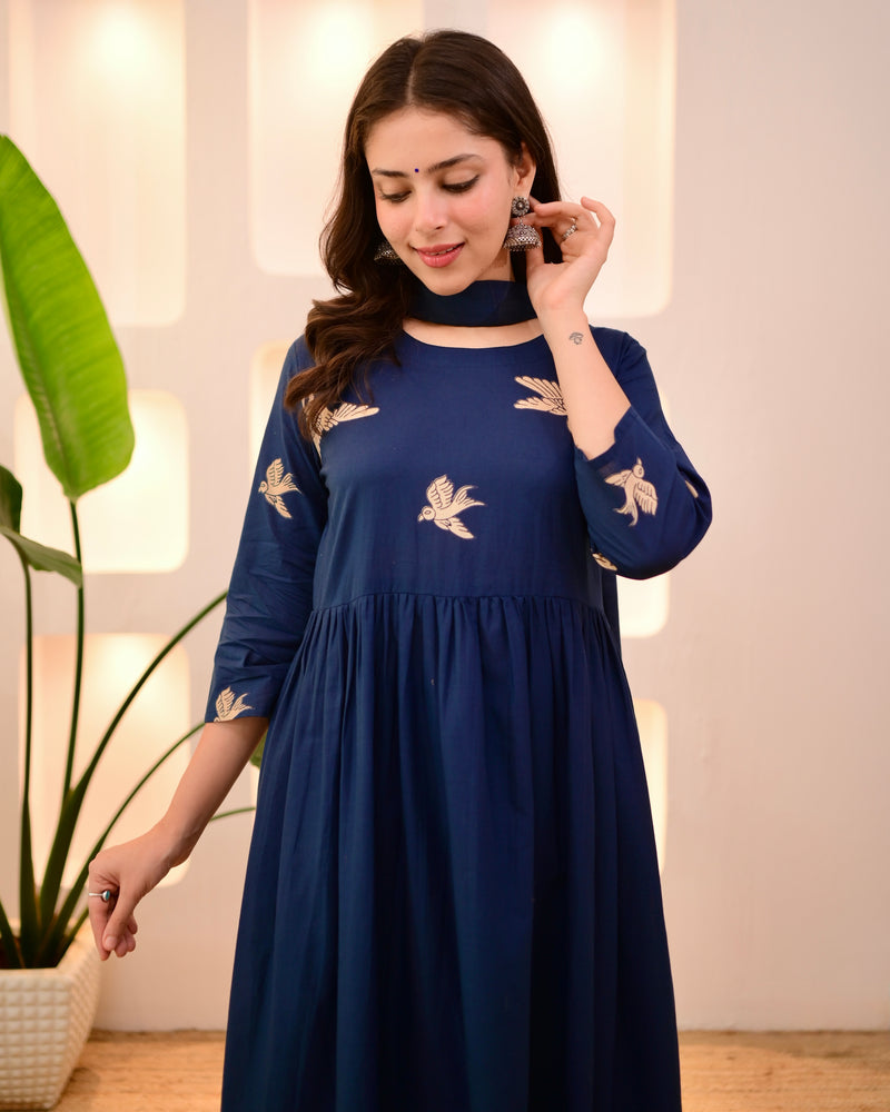 Navy Pakshi Raag A Line Cotton Suit