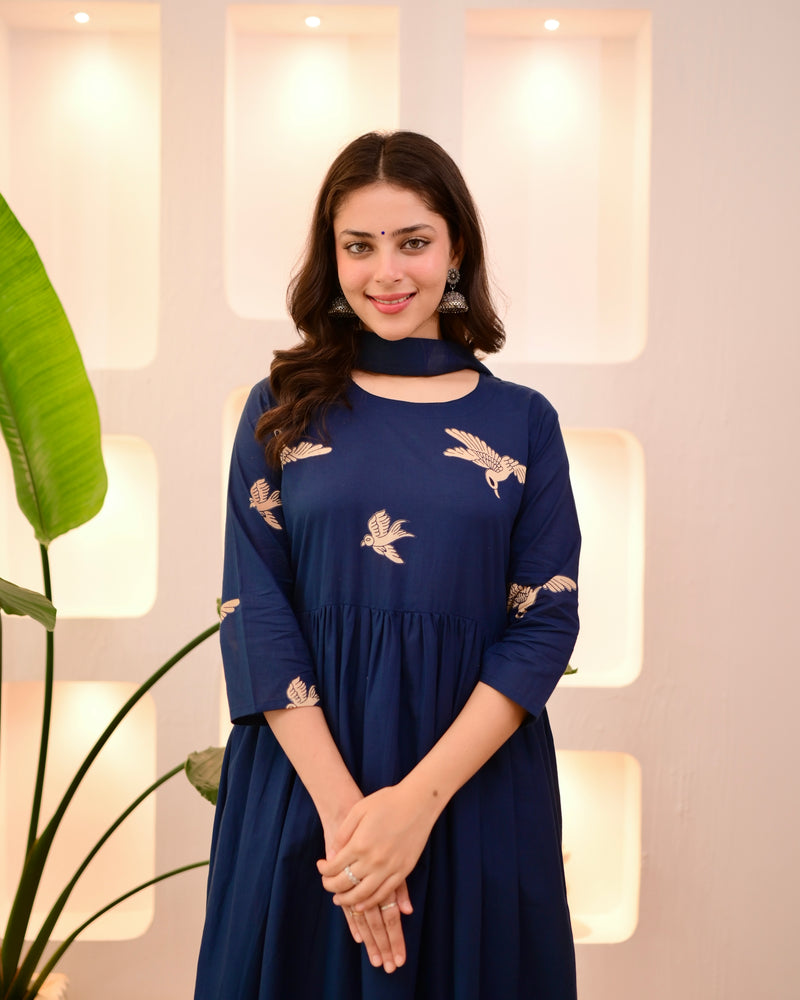 Navy Pakshi Raag A Line Cotton Suit