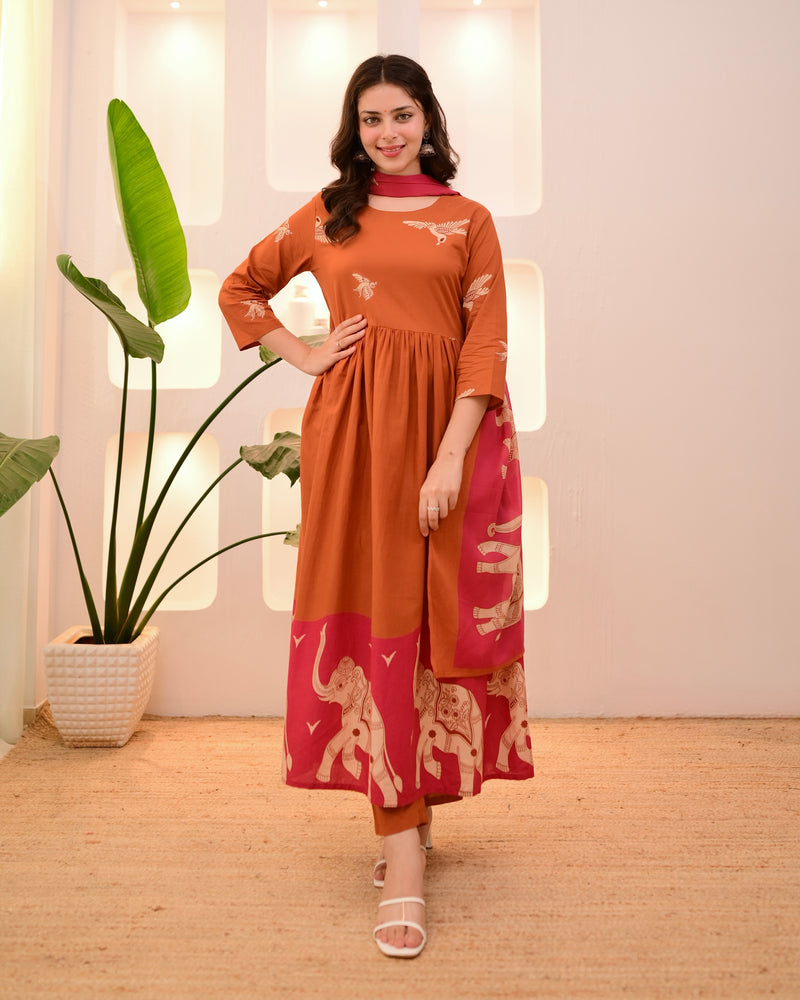 Rust Pakshi Raag A Line Cotton Suit