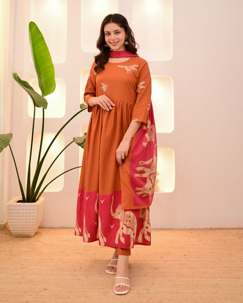 Rust Pakshi Raag A Line Cotton Suit