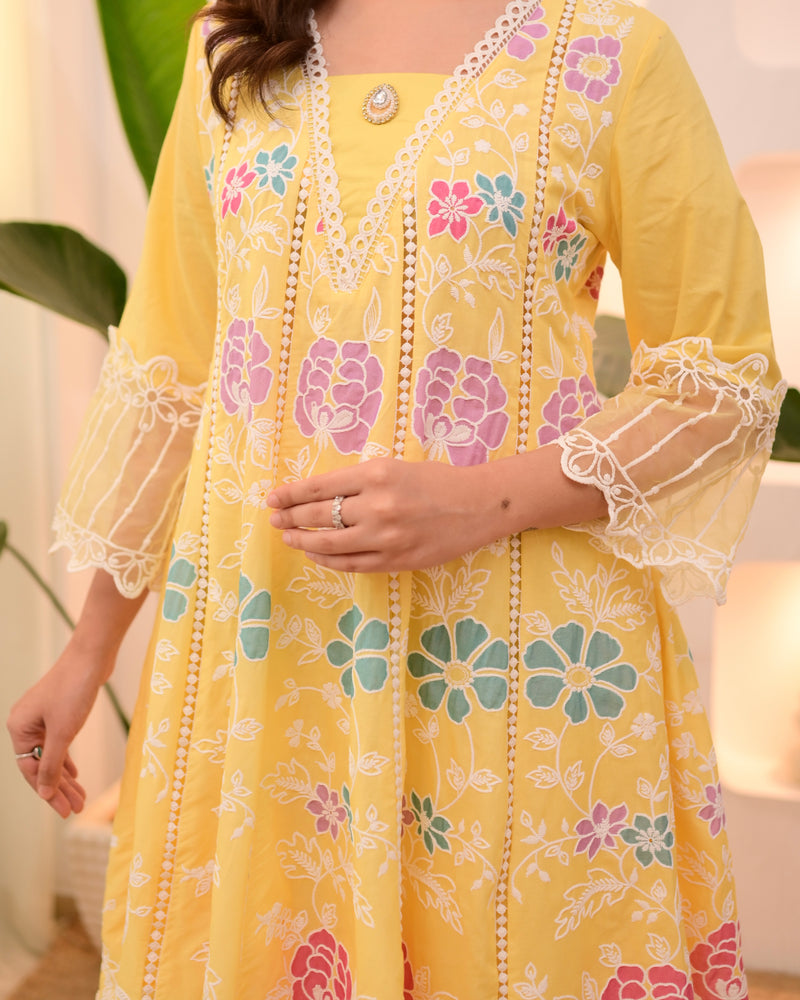 Sunshine Yellow Garden Threadwork Festive Anarkali Suit