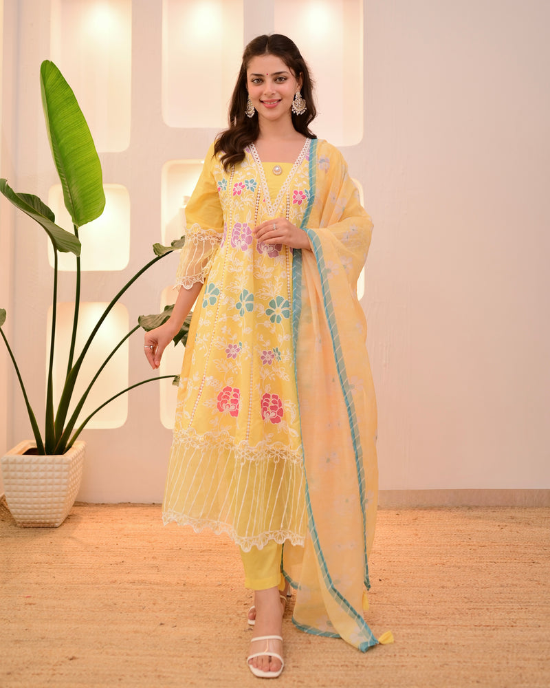 Sunshine Yellow Garden Threadwork Festive Anarkali Suit