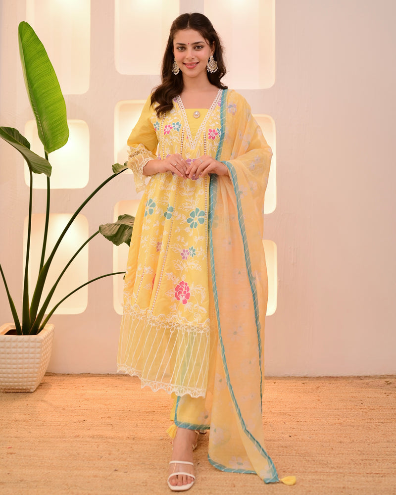 Sunshine Yellow Garden Threadwork Festive Anarkali Suit