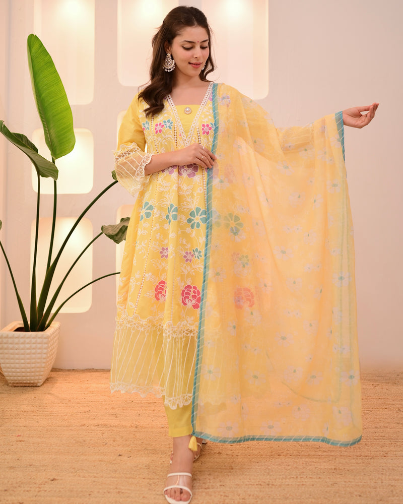 Sunshine Yellow Garden Threadwork Festive Anarkali Suit