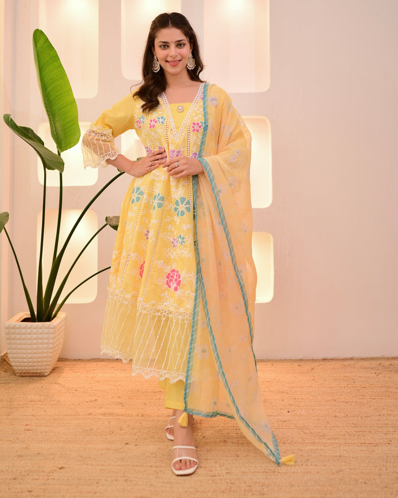 Sunshine Yellow Garden Threadwork Festive Anarkali Suit
