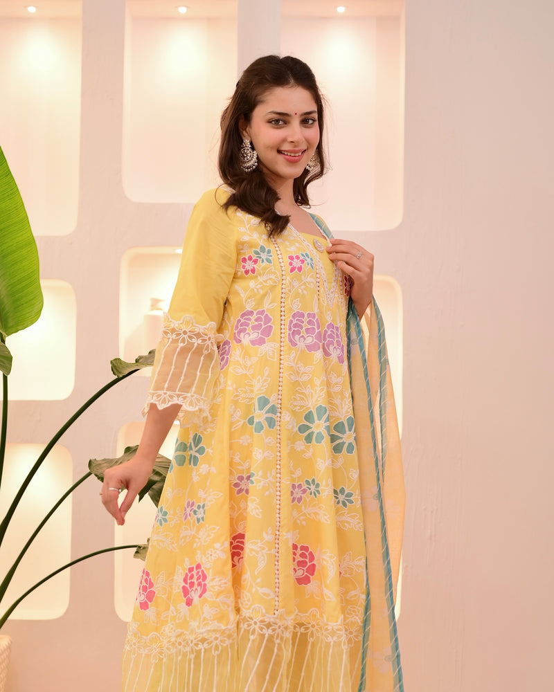 Sunshine Yellow Garden Threadwork Festive Anarkali Suit