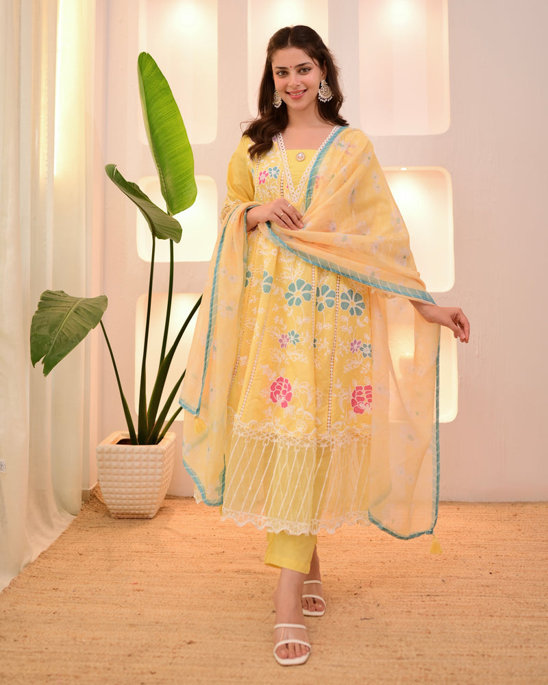Sunshine Yellow Garden Threadwork Festive Anarkali Suit