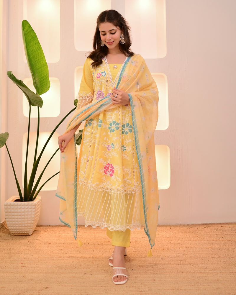 Sunshine Yellow Garden Threadwork Festive Anarkali Suit