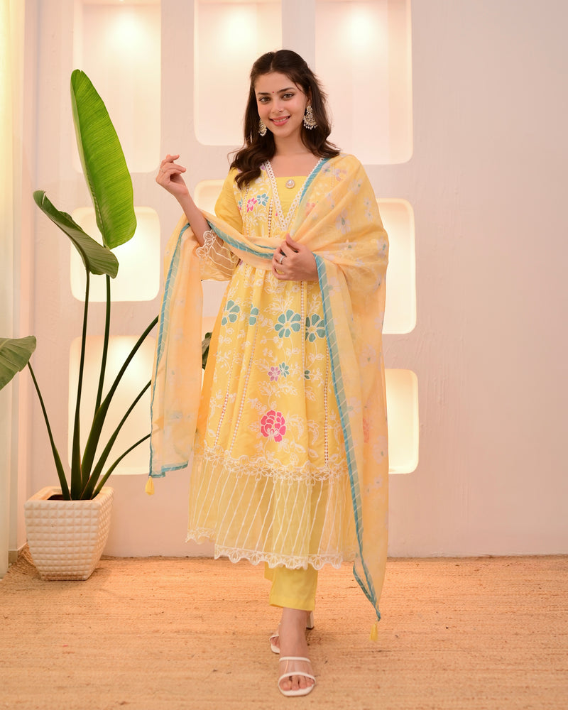 Sunshine Yellow Garden Threadwork Festive Anarkali Suit