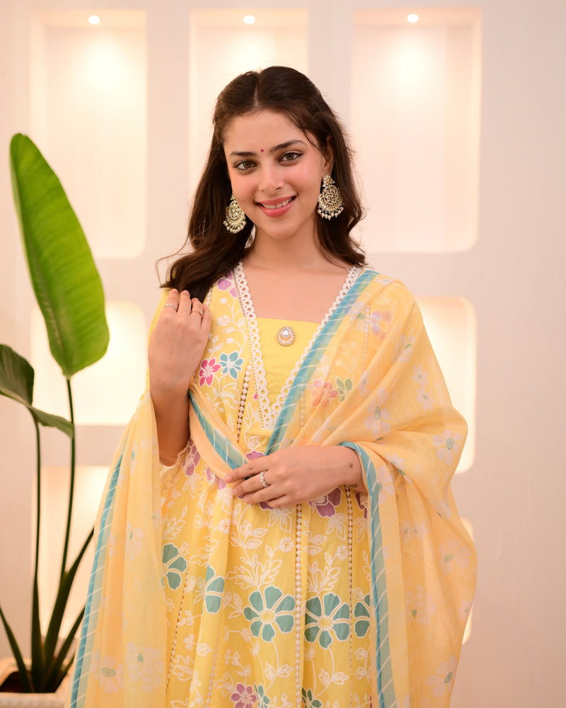 Sunshine Yellow Garden Threadwork Festive Anarkali Suit