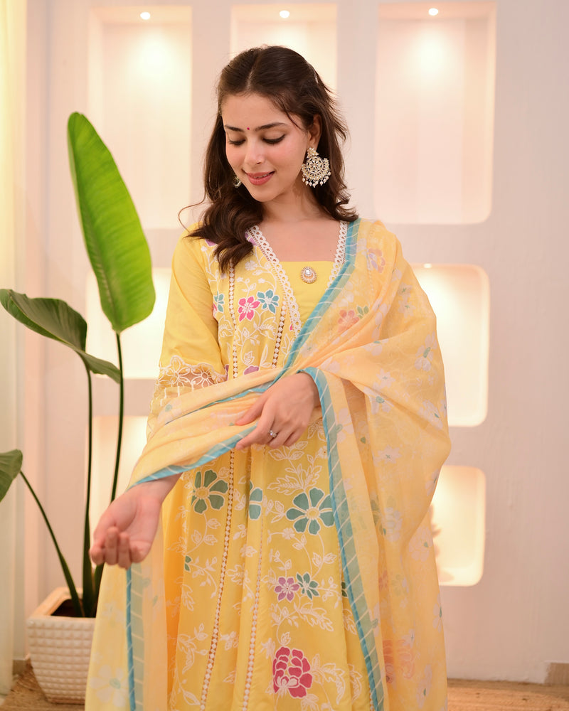 Sunshine Yellow Garden Threadwork Festive Anarkali Suit