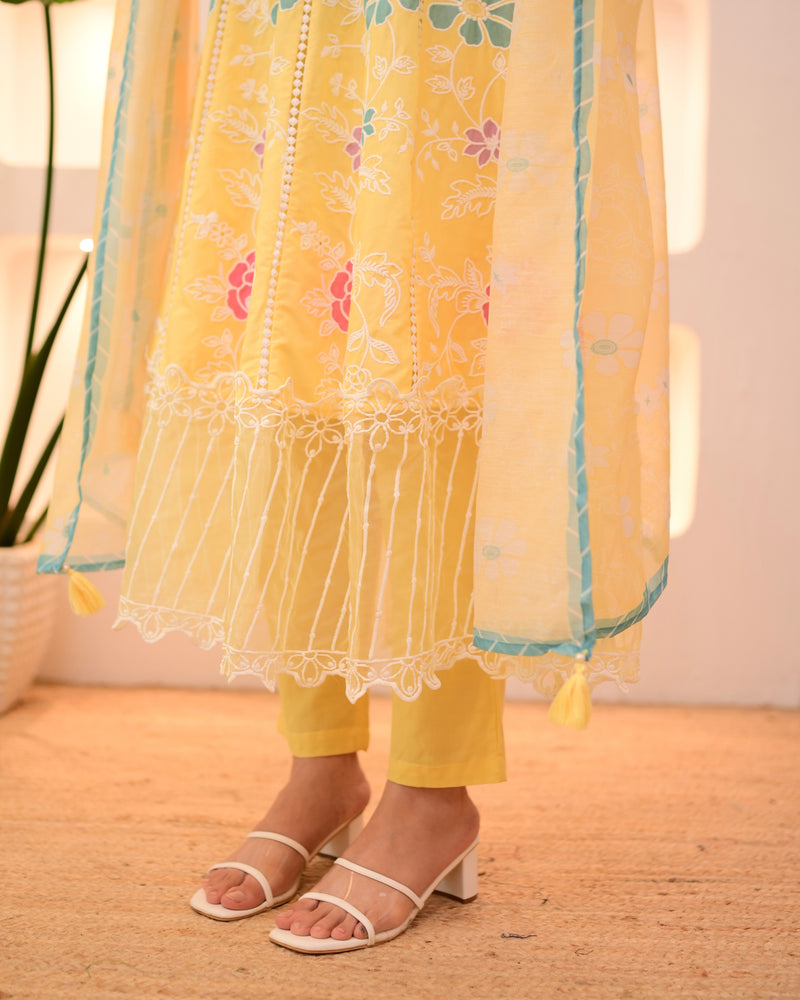 Sunshine Yellow Garden Threadwork Festive Anarkali Suit