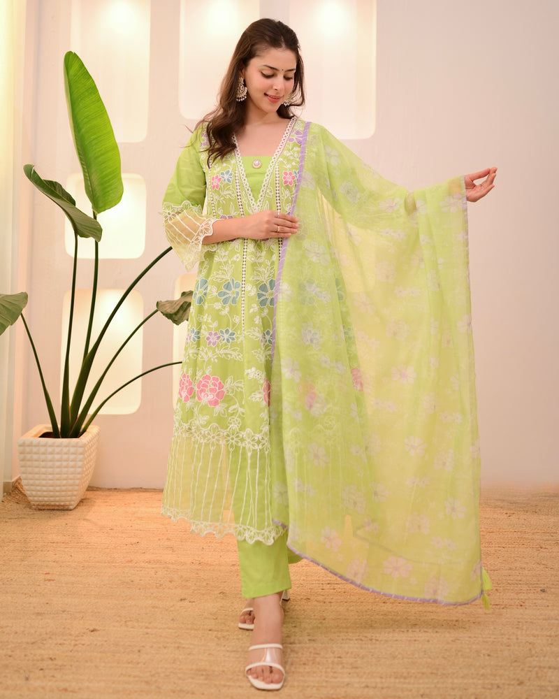 Lime Green Garden Threadwork Festive Anarkali Suit