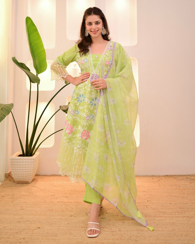 Lime Green Garden Threadwork Festive Anarkali Suit