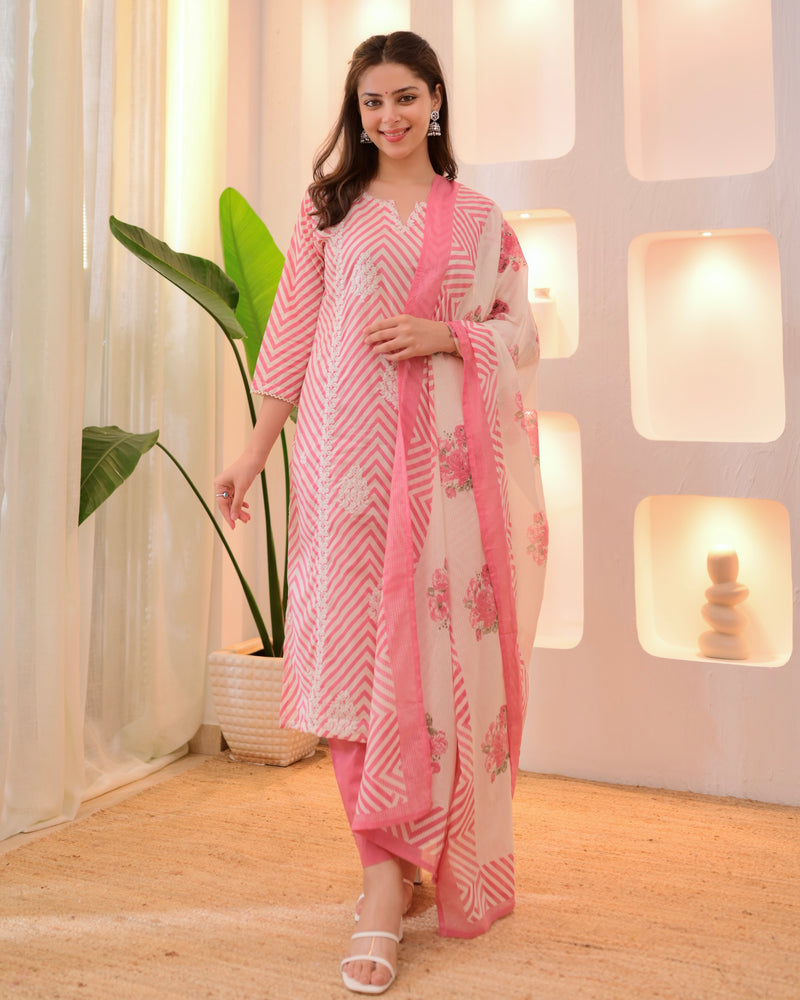Pink Chevron Threadwork Cotton Suit