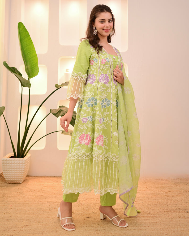 Lime Green Garden Threadwork Festive Anarkali Suit