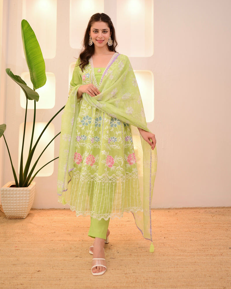 Lime Green Garden Threadwork Festive Anarkali Suit