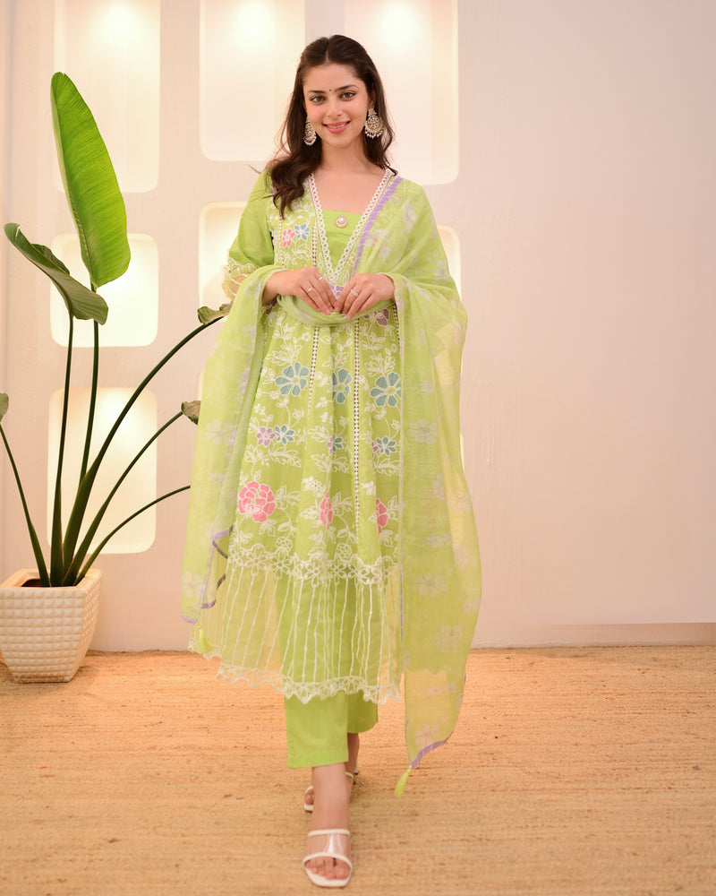 Lime Green Garden Threadwork Festive Anarkali Suit