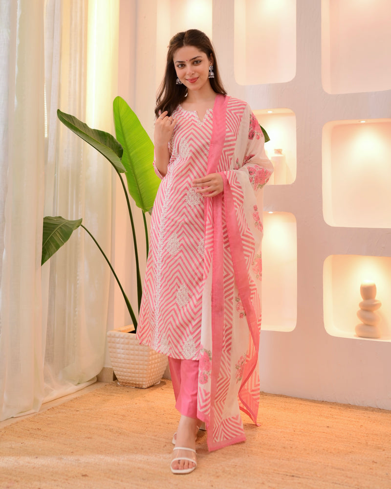 Pink Chevron Threadwork Cotton Suit