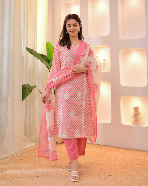 Pink Chevron Threadwork Cotton Suit