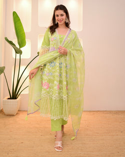 Lime Green Garden Threadwork Festive Anarkali Suit