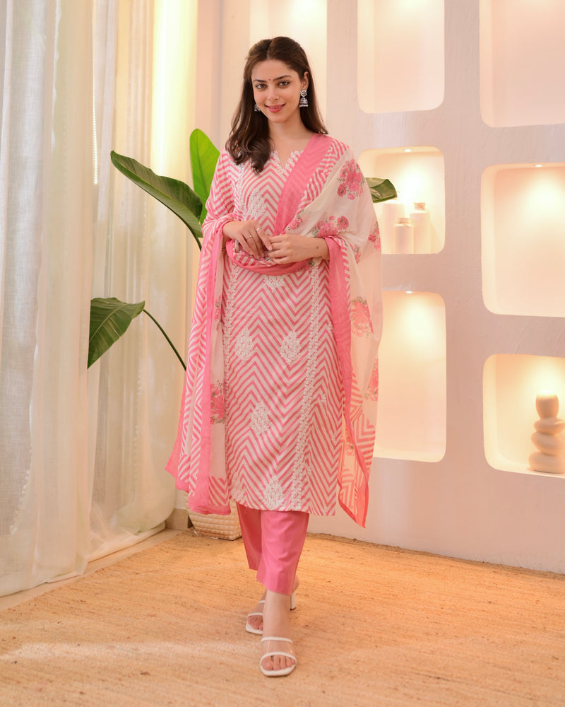 Pink Chevron Threadwork Cotton Suit