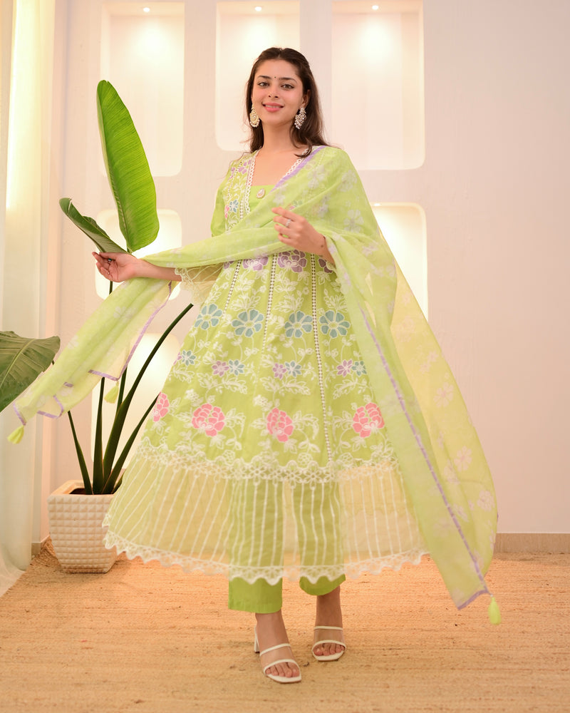 Lime Green Garden Threadwork Festive Anarkali Suit